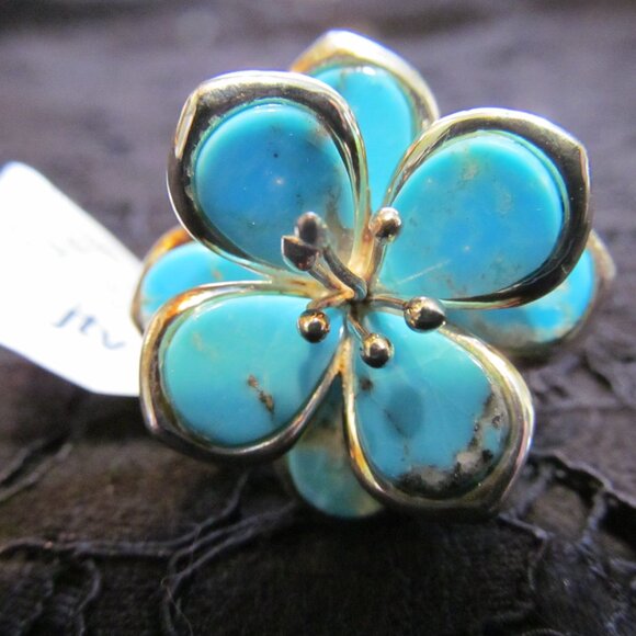 Tehya Oyama Blue Kingman turquoise flower ring Sterling Silver over Copper Sz 10 - Picture 4 of 16